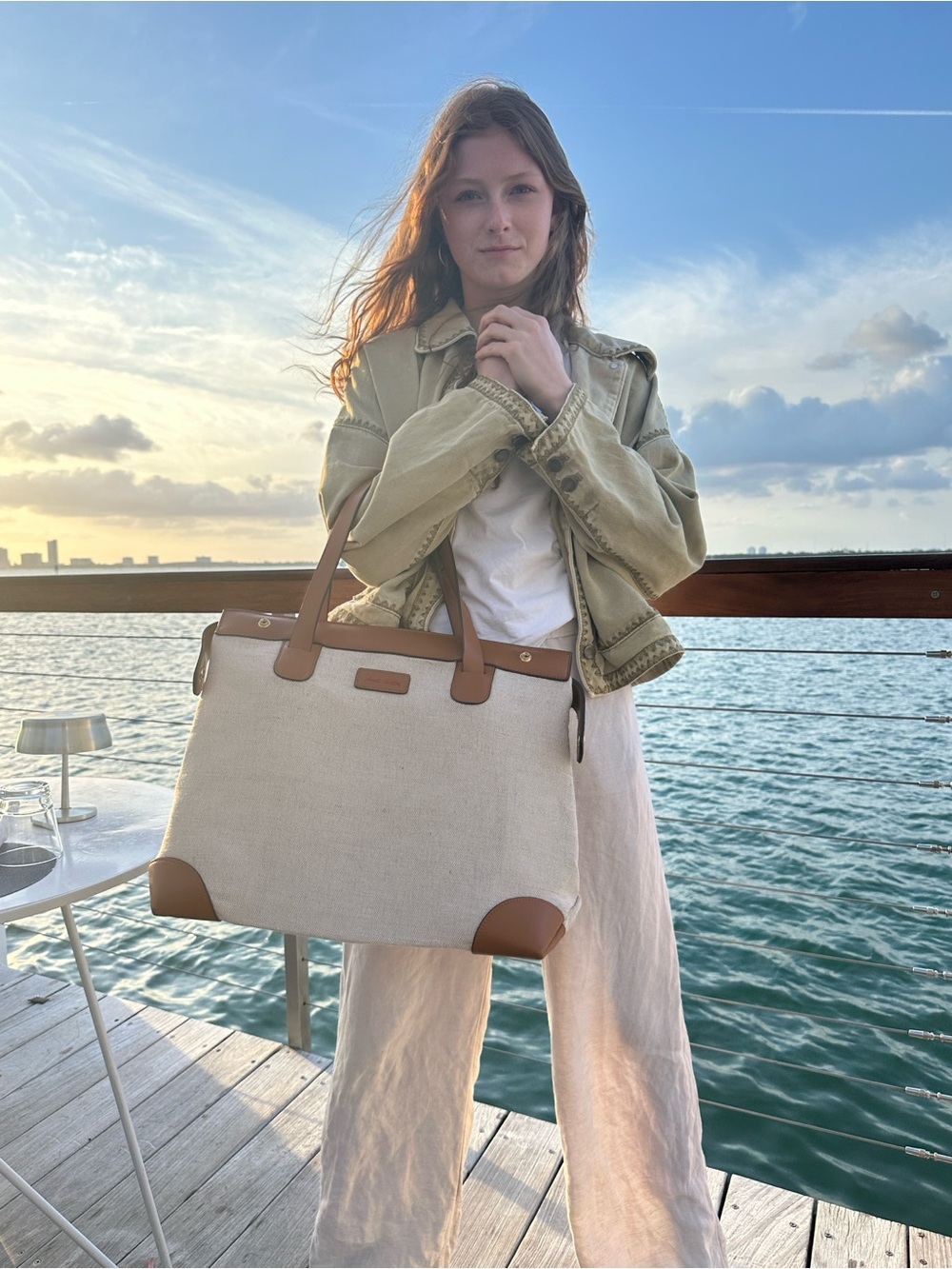 Canvas Tote Bag with Brown Leather Trim - Beige